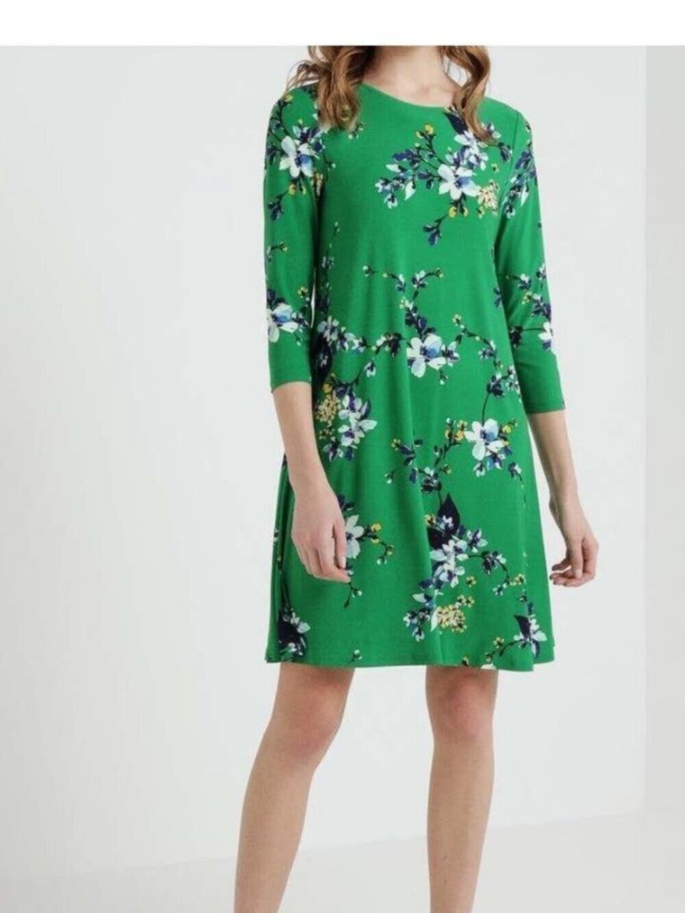 Ralph Lauren Green Floral Jersey Knit Three Qtr Sleeve Shift Dress in Women's 14